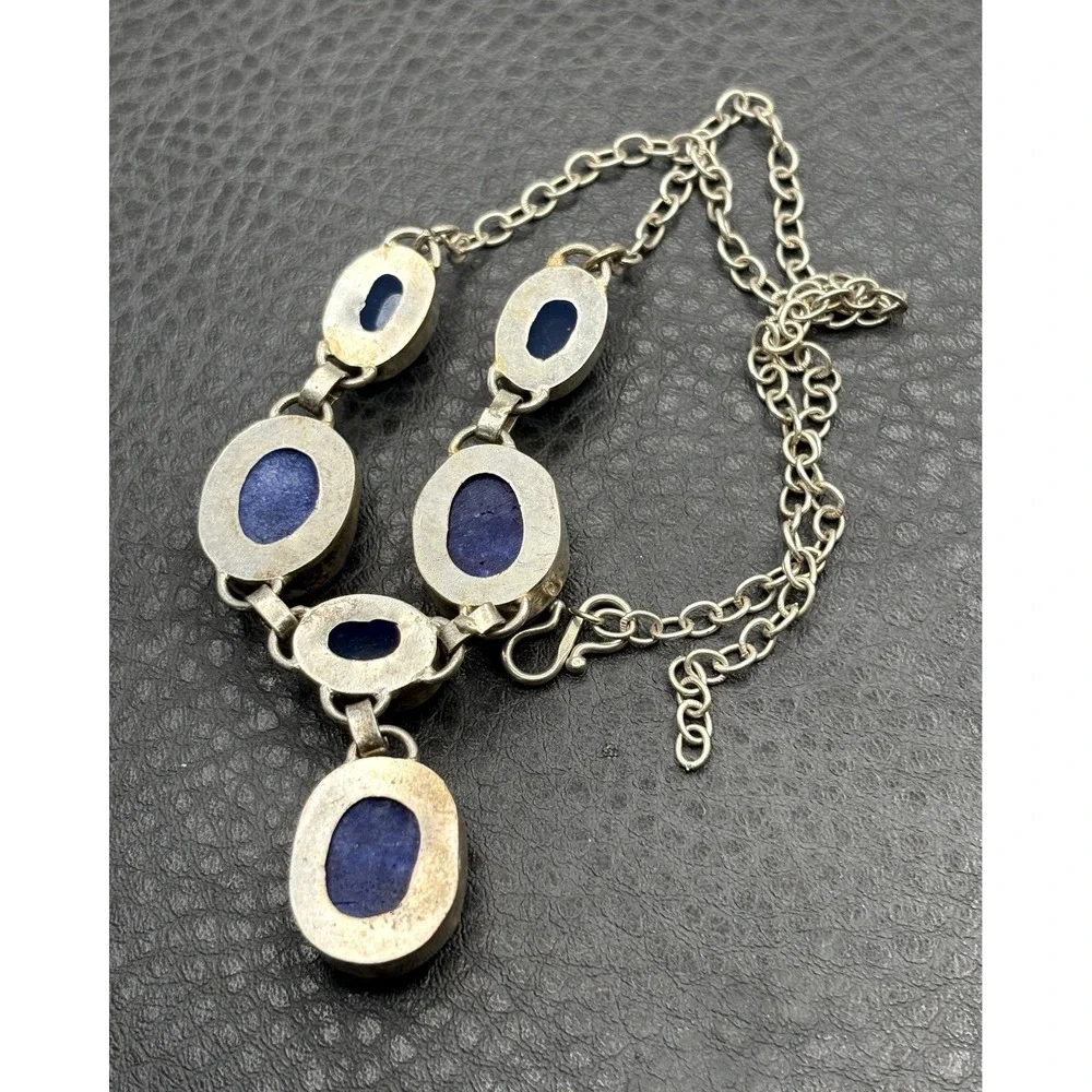 Ethnic Boho Style Silver Tone Faux Chalcedony Statement Necklace Pendant Drop